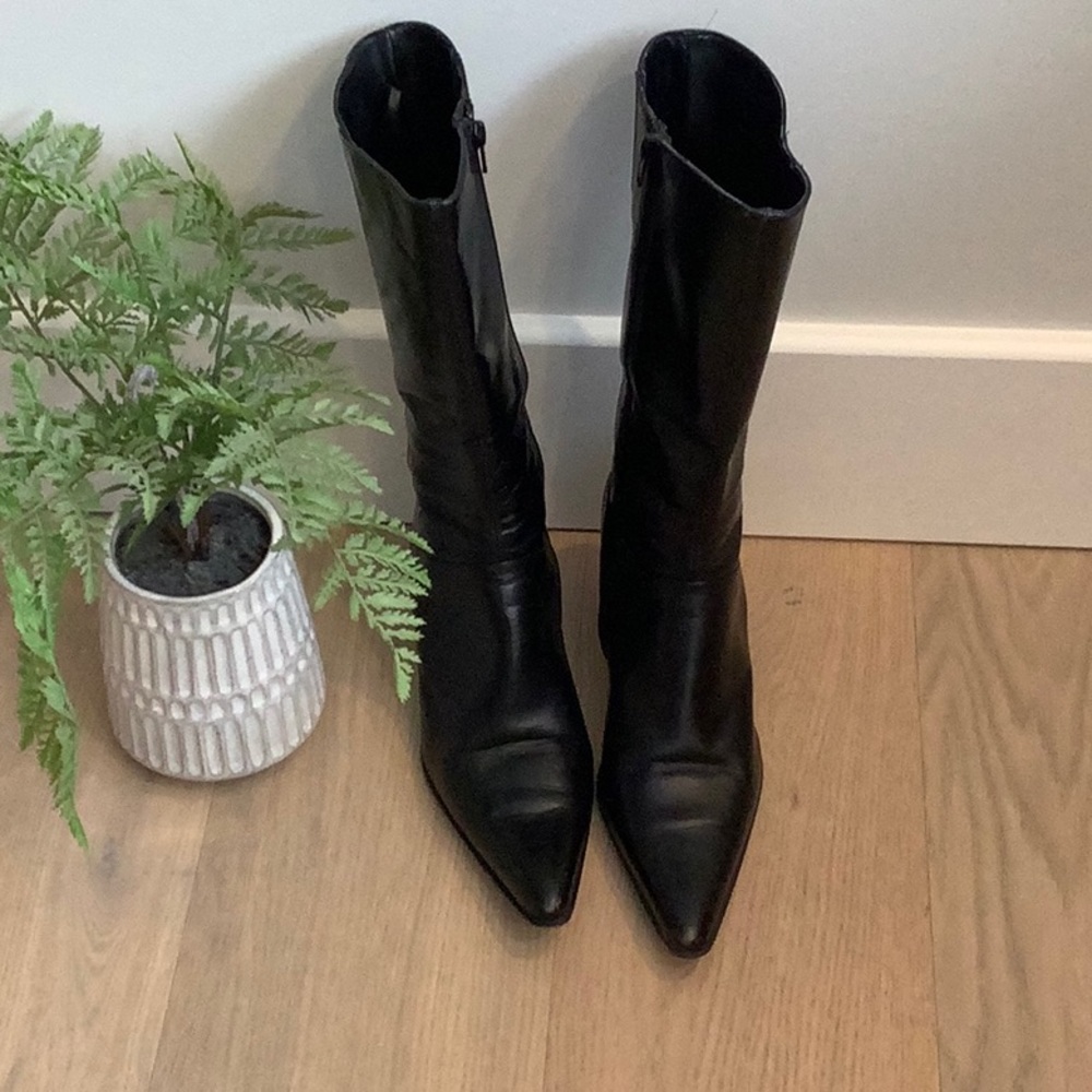 Town Shoes - Mid Calf Black Leather Heeled Boots, size 10.5 /41